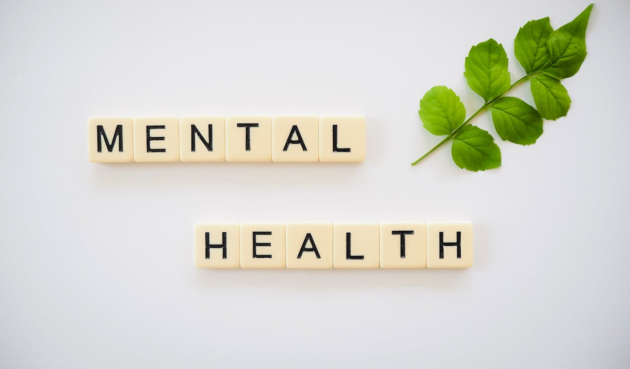 Scrabble tiles spelling Mental Health with green leaves on a white background.